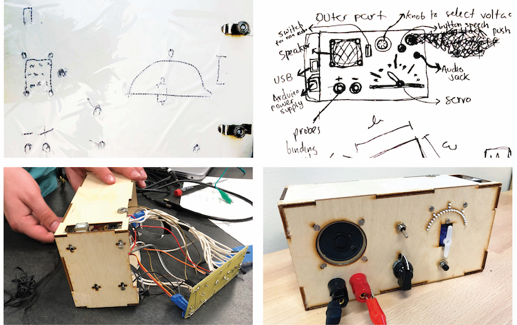 Four photos next to each other: 1) The raised line sketch shows  the spatial layout of the different voltmeter components  including: a knob, speaker, connectors, push button,  toggle switch, and tactile gauge with servo; 2) 2D sketch  on paper identical to the raised line sketch with printed  annotations of what each component is and its function. 3) a hobbyist’s  hands are testing a switch on a voltmeter prototype  in progress with the PCB and wires coming out from the  back; 4) front view of the voltmeter prototype. Top row shows a  speaker, a toggle switch, and a 180-degree arc of tactile markings  with a servo in the middle. Bottom row shows binding posts, a selector  knob, and a push button.